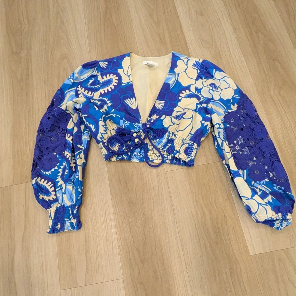 House Of Harlow Linen blend Blue Floral Skirit Set Size M NWT